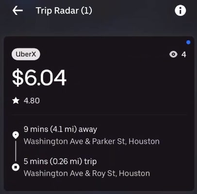 uber trip radar request showing up front pay estimate, passenger pickup and drop-off