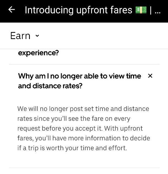 Uber help screen with info about the rate card changes