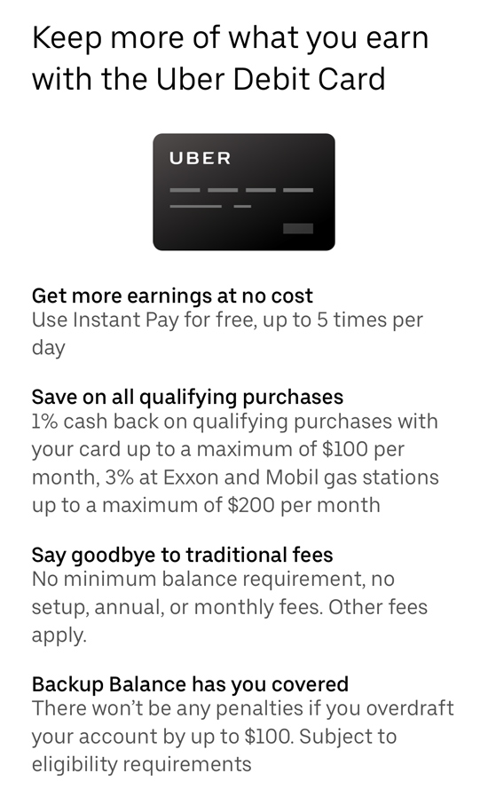list of benefits if the uber debit card