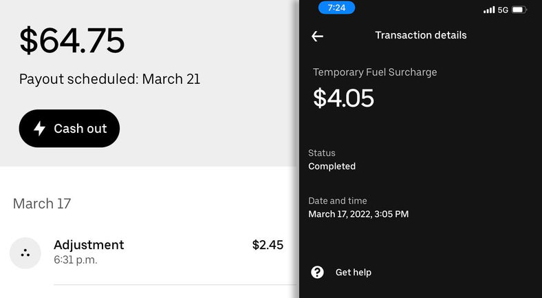 gas surcharge payment in an uber driver's transactions