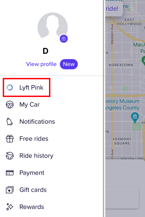 Steps to join Lyft Pink: Tap menu then Lyft Pink
