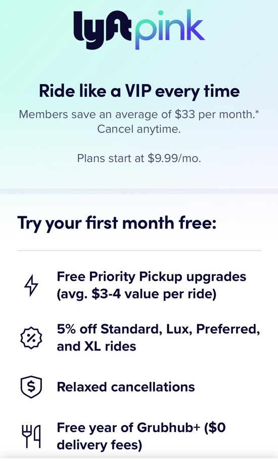 A list of benefits for Lyft Pink, including 5% off rides and free priority pickup