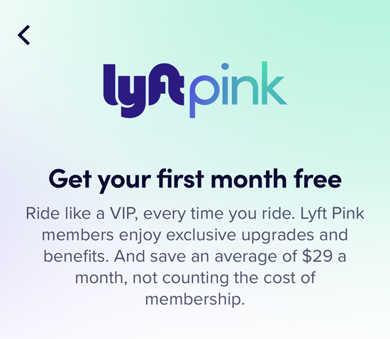 a free trial offer for Lyft pink in the lyft app