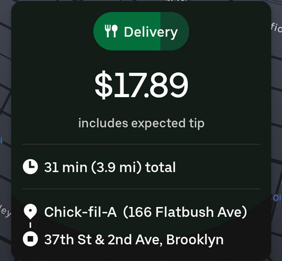 Upfront delivery information: Restaurant, estimated pay, delivery distance