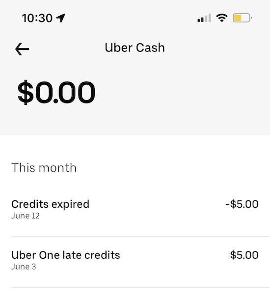 screen in the uber eats app that shows a $5 credit, then the $5 credit expiring