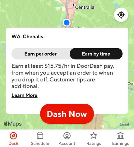 Dasher app screen with two options: earn per order, and earn by time