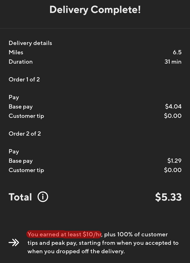 An earnings statement for a door dash earn by time order that show's a total payout of $5.33