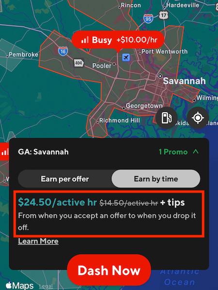 a doordash map showing peak pay pricing for an Earn by Time order
