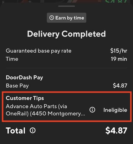 an auto parts store order on doordash that says it is ineligible for tips