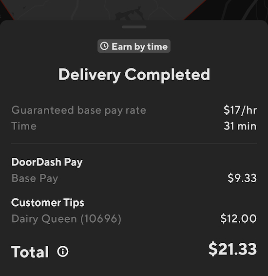 a doordash order with a payout of $21. base pay from doordash is $9