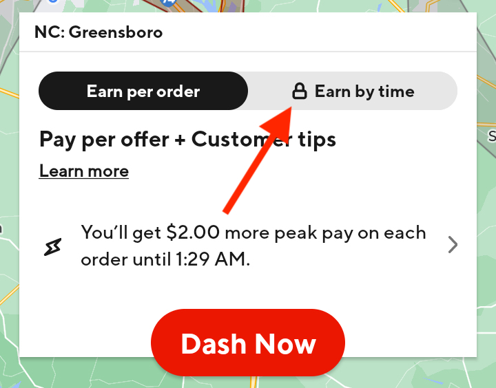 screen in the doordash app with two options: earn per offer or earn by time. Earn by time is locked