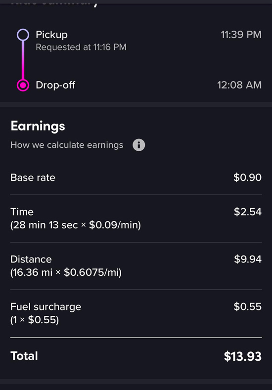 A ride payout showing mileage and time rates