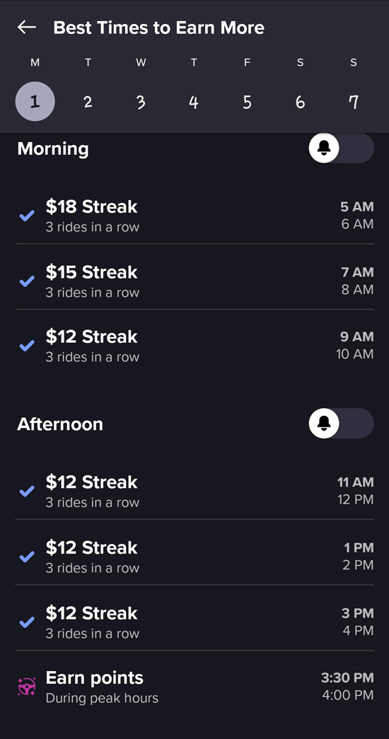 Lyft streaks of $12, $15, and $18 available all day
