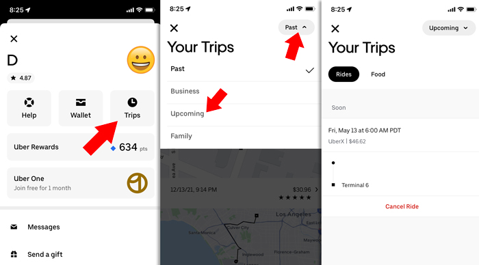 Steps to find and cancel a reservation: Tap Trips and find the reserved ride