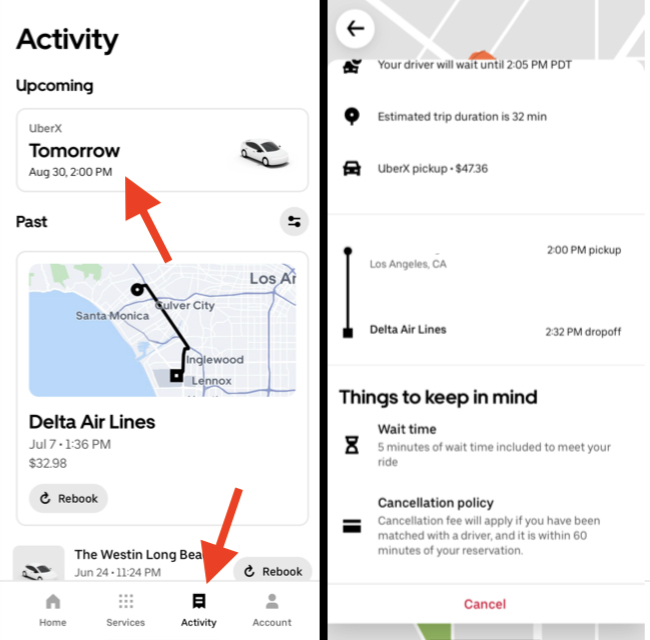 steps in the uber app to view a scheduled ride. Tap activity, find ride in Upcoming trips