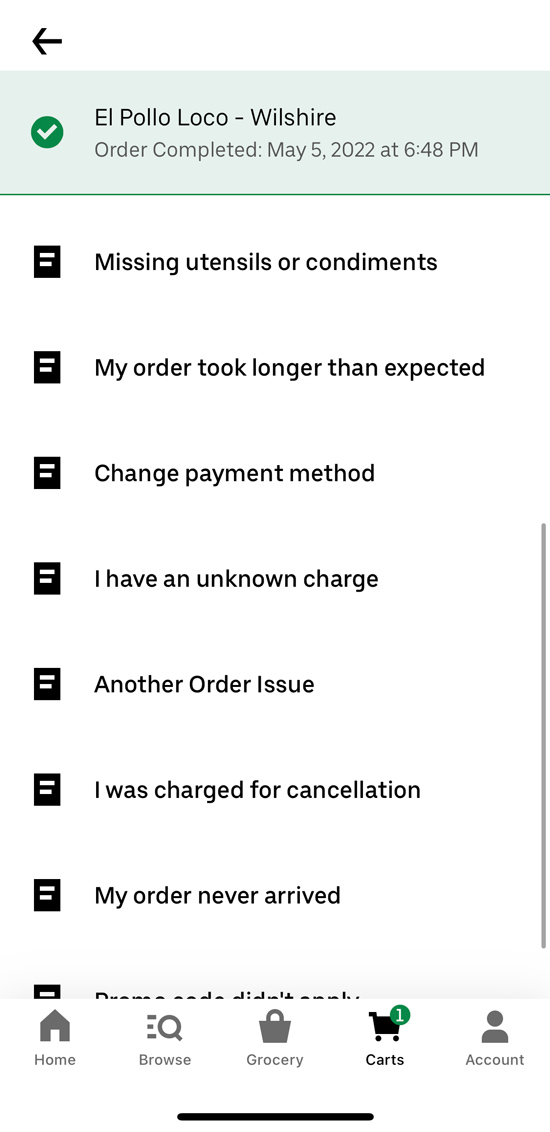 list of complaint options in uber eats including 'order took longer than expected'