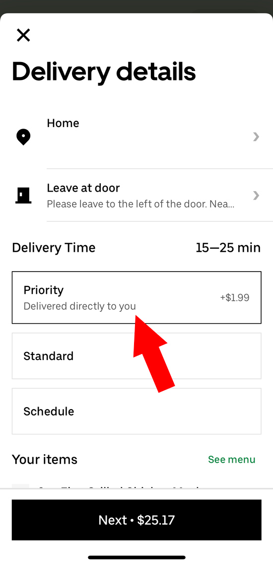 Find the priority delivery option on the delivery details page