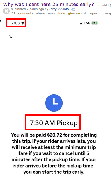 Post from an Uber driver of an Uber reserve ride with a 25 minute wait time