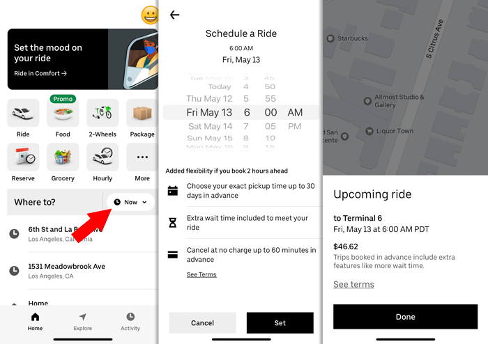 steps to schedule an uber: tap clock icon, select time, get confirmation
