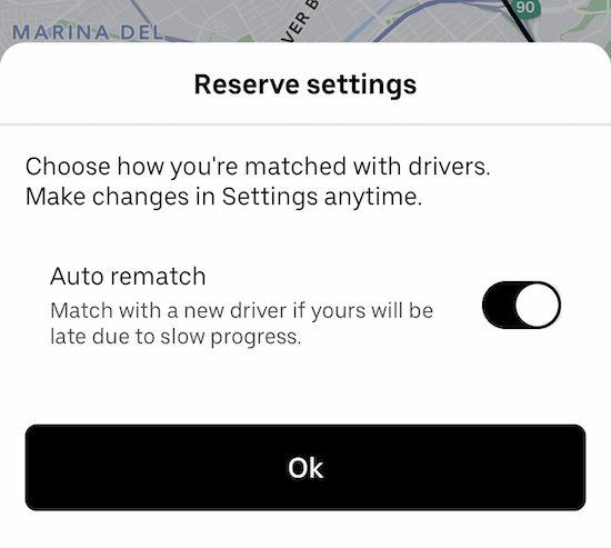 the reserve settings page in the uber app with an option to toggle auto rematch