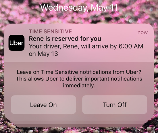 Uber notification saying that a driver accepted a reservation