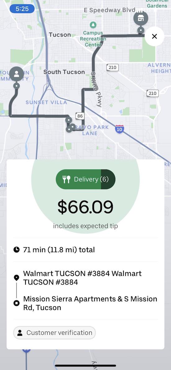 A Walmart order on Uber Eats for $66 in 71 minutes
