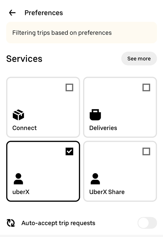 trip preferences in the uber driver app showing UberX, UberX share, and more