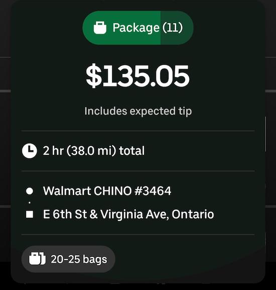 a walmart order on uber eats that pays $135