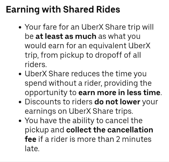 a list of benefits of shared rides, including similar pay as UberX