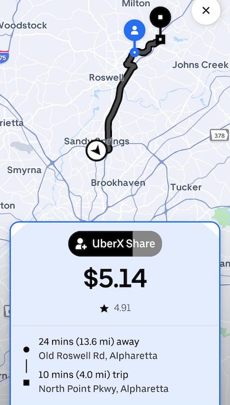 an UberX share ride that pays only $5 for a 30 minute ride