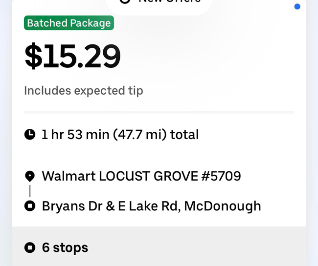A walmart offer in the uber eats app for $15. 6 stops over 47 miles