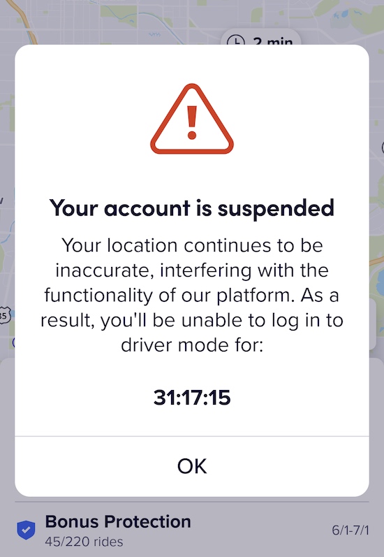 a message in the lyft app that says a driver account is suspended for 31 hours
