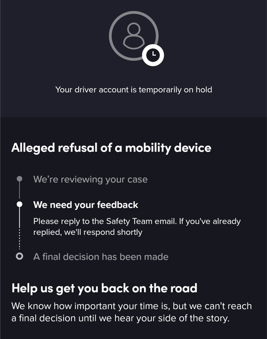 Page in the lyft driver app that says 'your account is temporarily on hold'