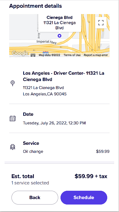 The checkout page for an oil change at a Lyft Driver Center
