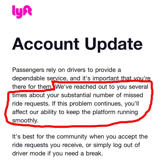 An email from Lyft about missed requests