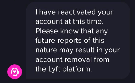 a message from Lyft support telling a driver that their account is reactivated