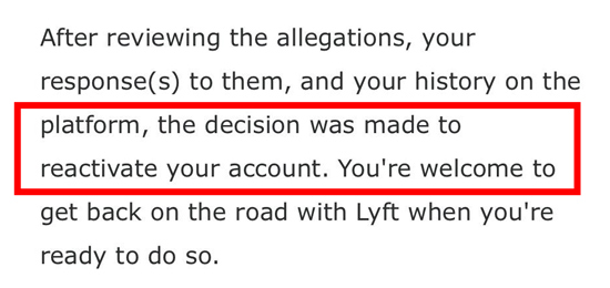 message from Lyft saying that a driver was reactivated