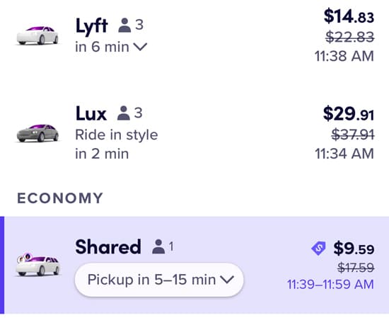 Prices in the Lyft app: $17 for shared, $22 for standard Lyft