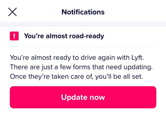 A notification from Lyft about expired documents