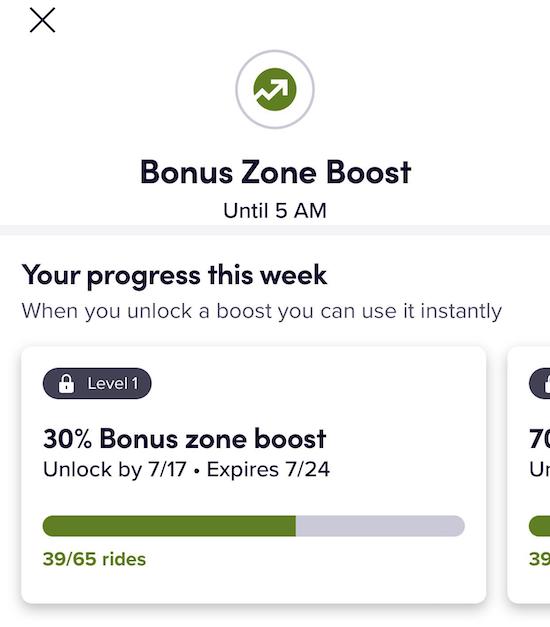 screen in the lyft driver app tracking progress toward earning a bonus zone boost