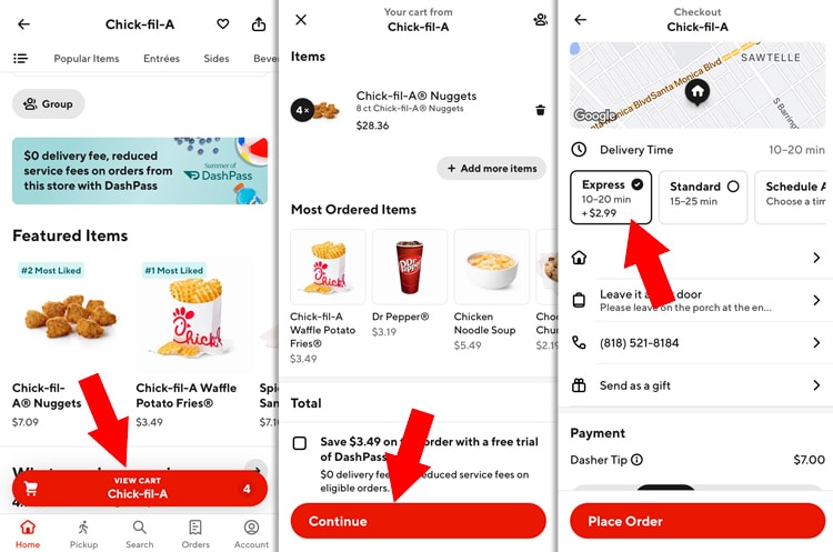 Steps in Doordash to find express delivery. Found on the final cart page