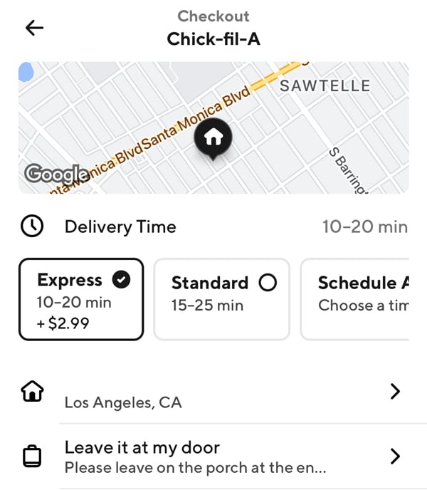 DoorDash order screen with the option for $2.99 Express delivery