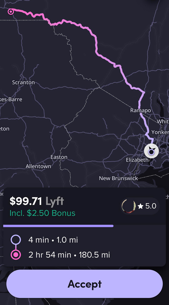 A lyft ride request for $99 on a 180 mile ride