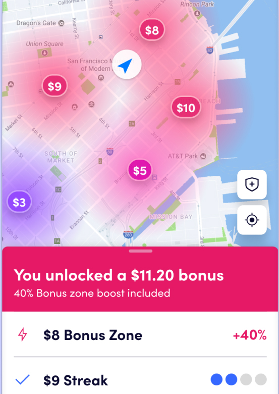 Lyft map showing a 40% bonus zone boost