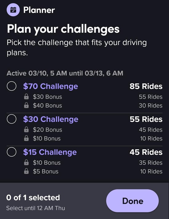 Lyft planner page in the driver app with 3 challenge options for $70, $30, and $15