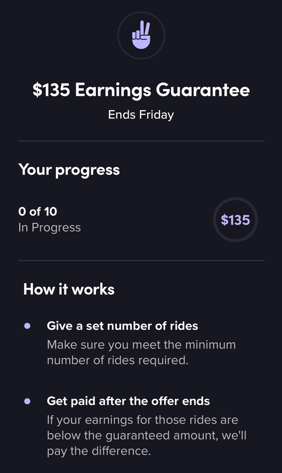 A 10 ride earnings guarantee for $135