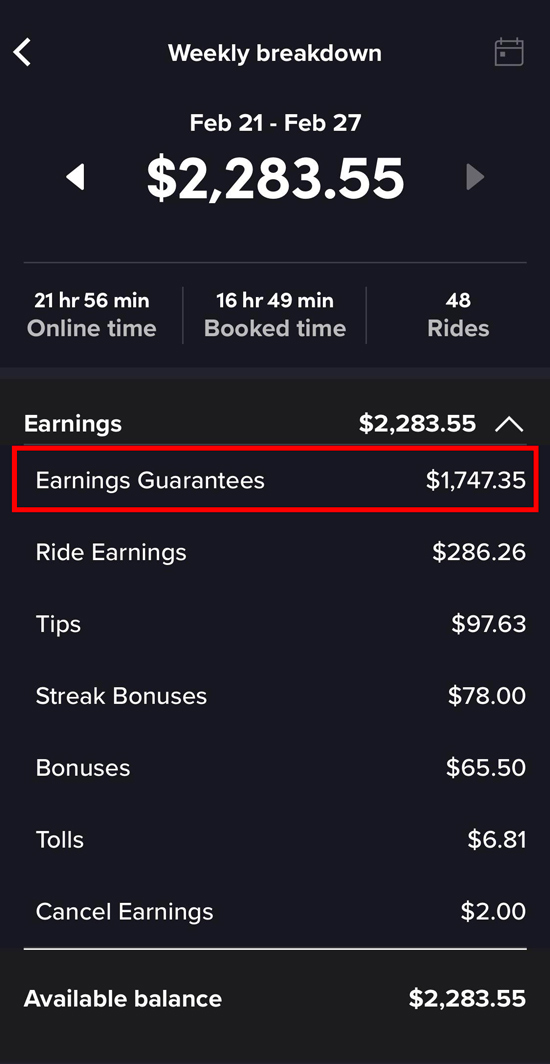 Lyft driver earnings with an earnings guarantee bonus of over $1700