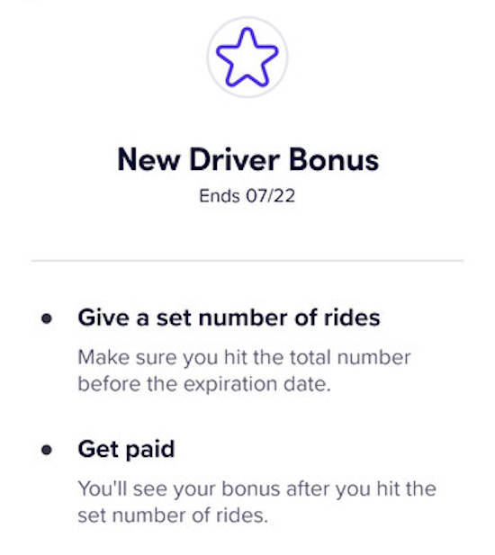 screen in the lyft driver app with rules to earn a bonus: complete the required number of rides within a period of time
