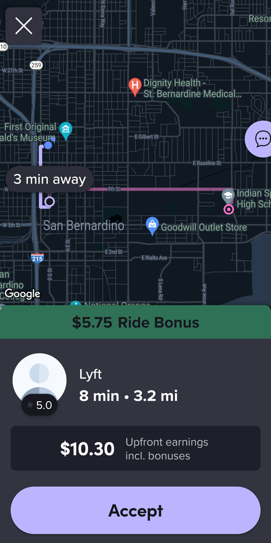 upfront info on a lyft ride showing a $5.75 bonus and $10.30 overall payout