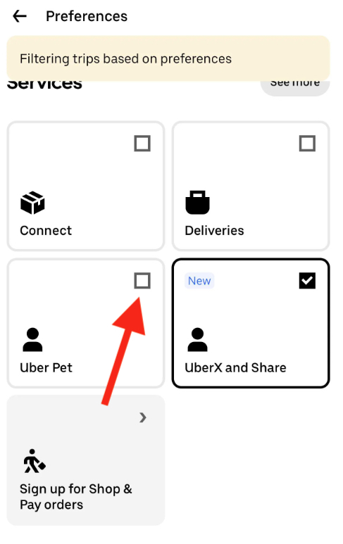 list of uber ride options for drivers, including uber pet
